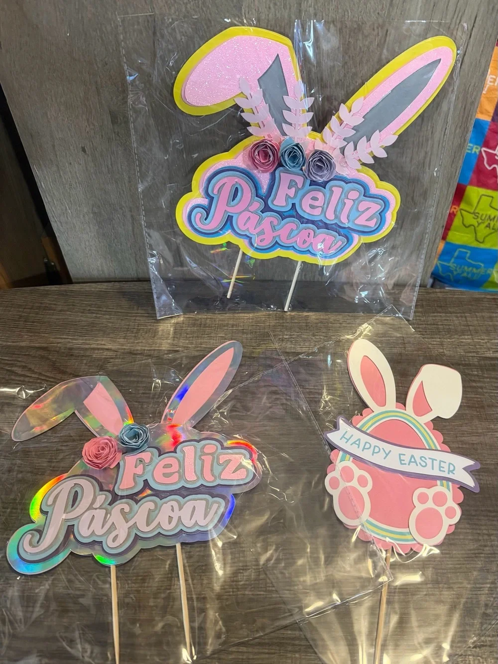 3 pack - Feliz Páscoa Bunny Easter Cake Toppers - Pink & Yellow